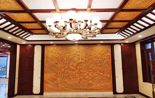 黑龙江中式别墅客厅中式木作横梁吊顶装饰展示