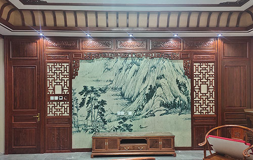 黑龙江中式仿古别墅客厅背景墙花格木作装饰